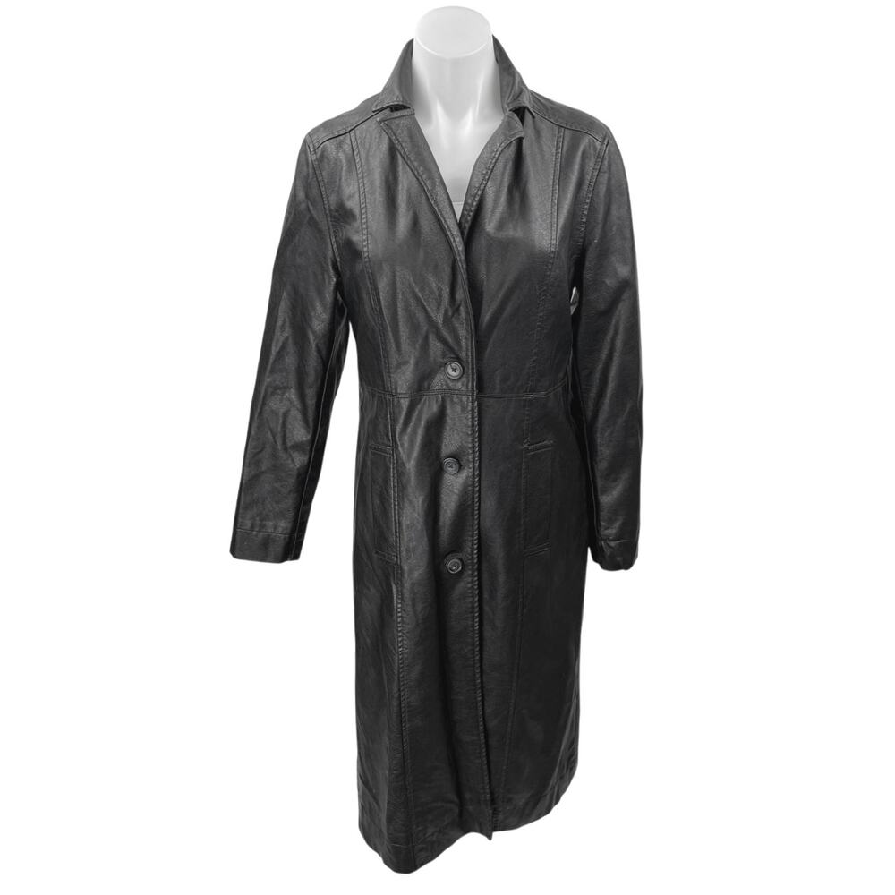 Urban Outfitters Black Faux Vegan Leather Button Up Long Coat Rain Jacket Sz S